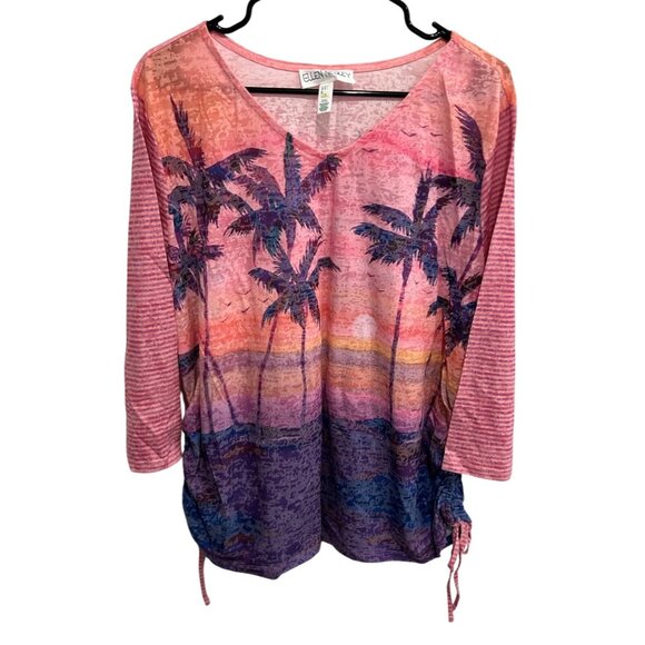 Ellen Negley Art & Sol NWT V Neck Top Palm Tree Sunset Print 3/4 Sleeves Sz XXL - Picture 1 of 11